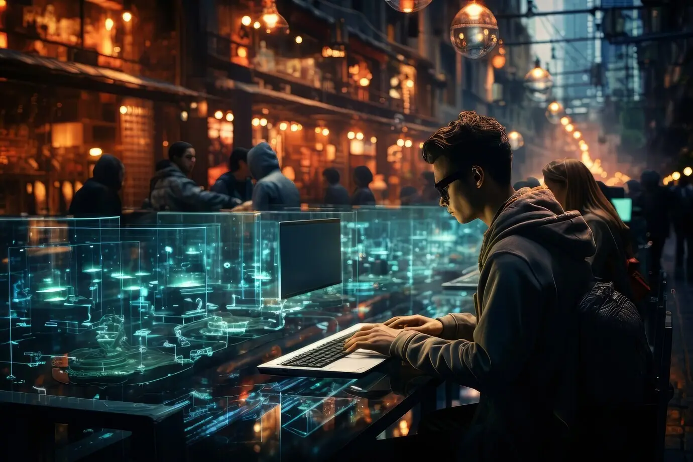 Сцена с деловым специалистом, выполняющим футуристическую офисную работу.