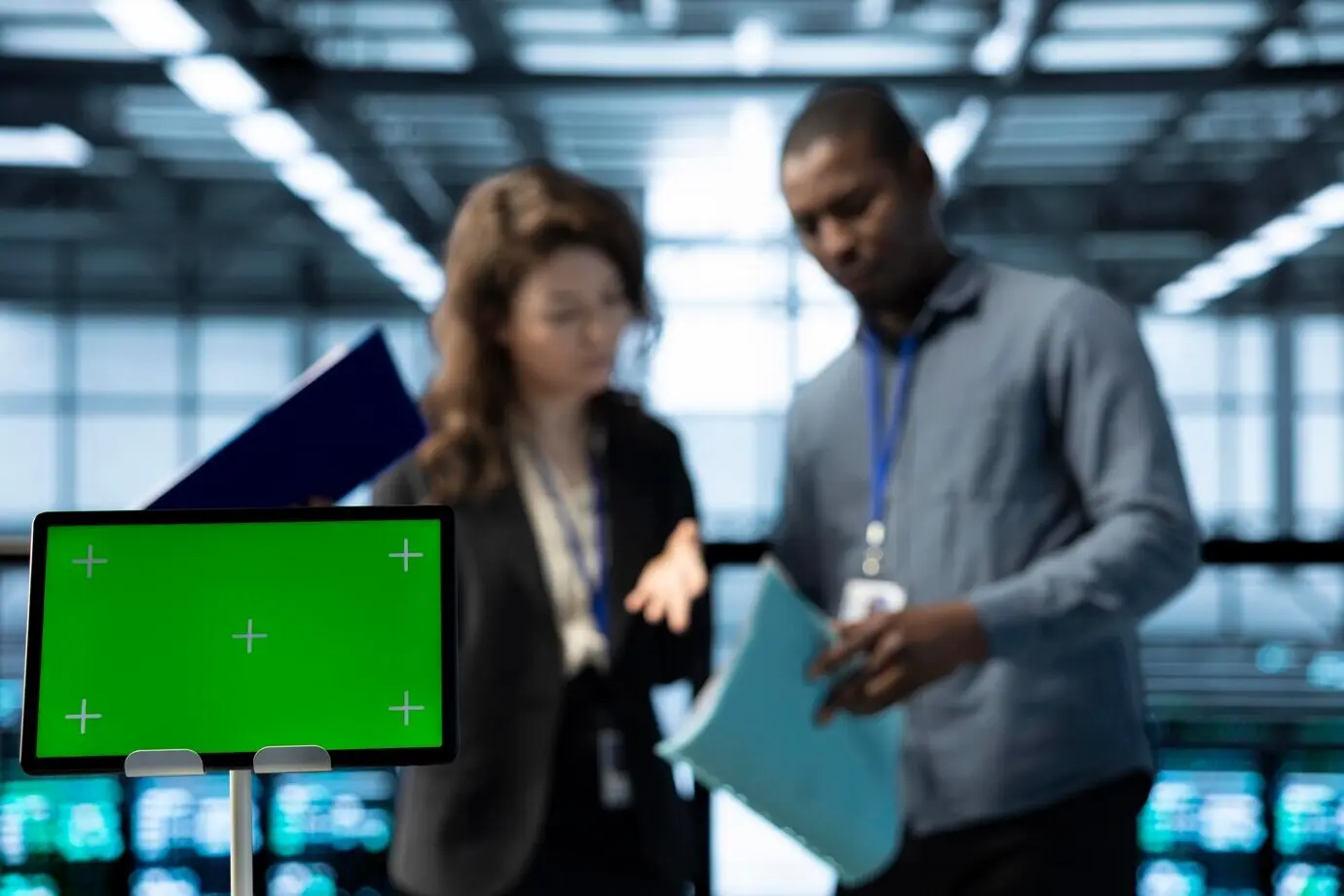 Крупный план планшета с зелёным экраном перед сотрудниками, контролирующими серверную.